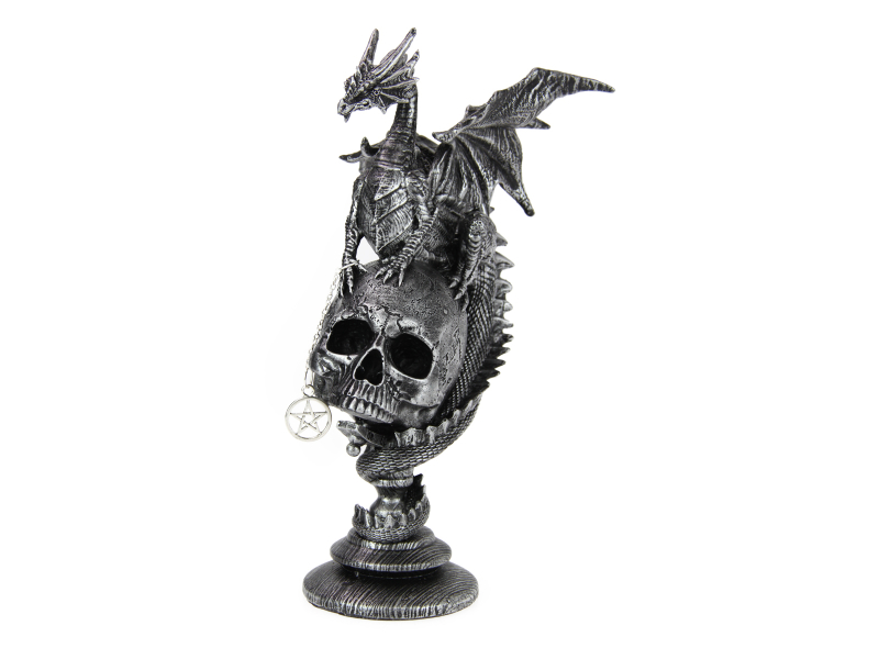 25cm Antique Silver Dragon on Skull Globe