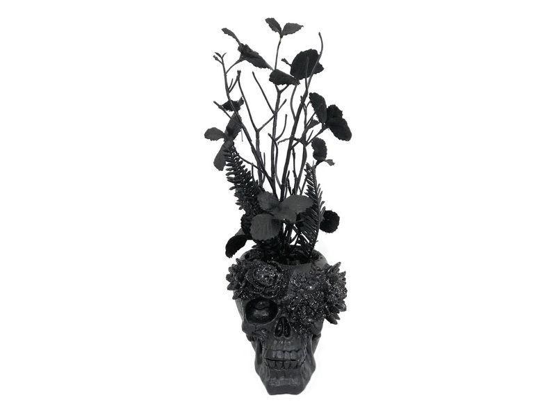 33cm Black Skull with Plants