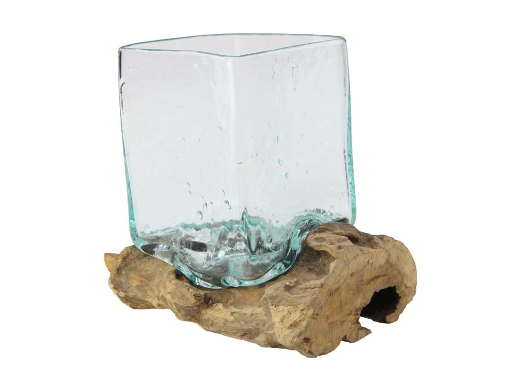 16x19cm Unique Hand Blown Square Glass Fish/Bowl Terrarium on Natural Driftwood