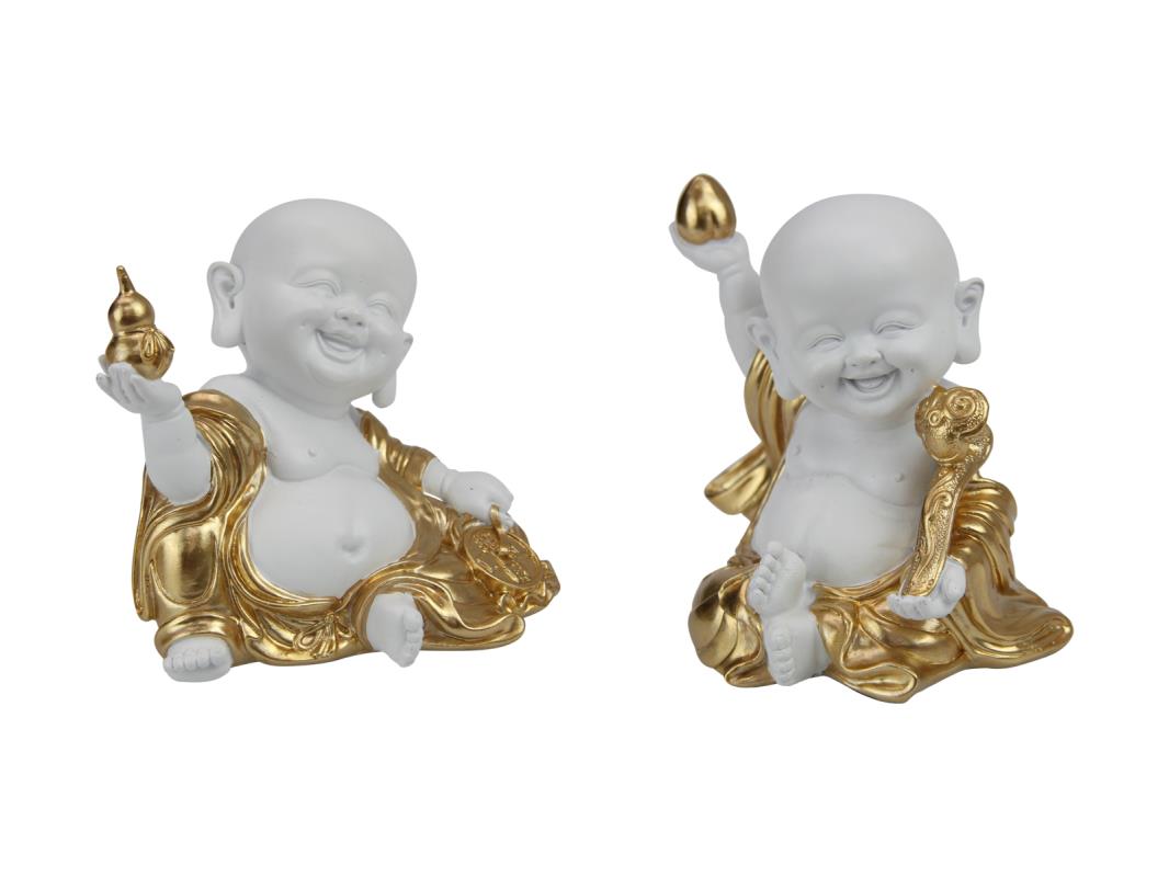 13cm White & Gold Happy Buddha Monks 2 Asstd