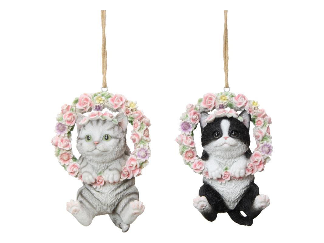 21cm Hanging Floral Cat in Ring 2 Asstd