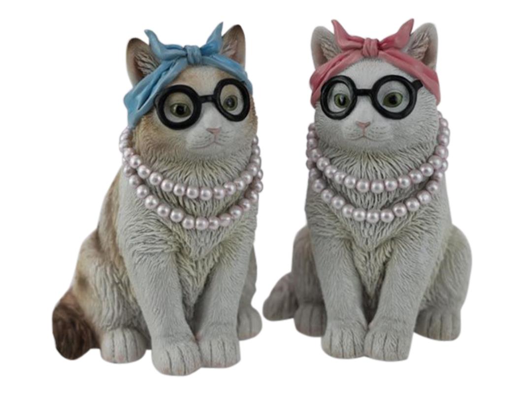 19cm Sitting Cat with Glasses & Pearls