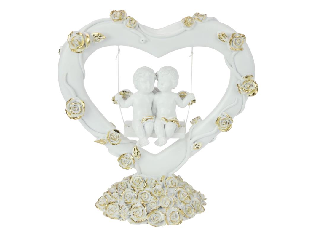 24cm Twin Cherubs in Love Heart Swing with Gold Glitter Finish