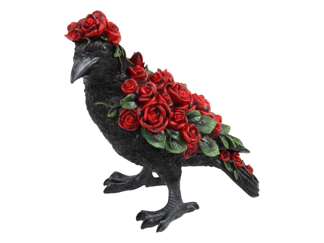 24cm Standing Crow with Red Rose