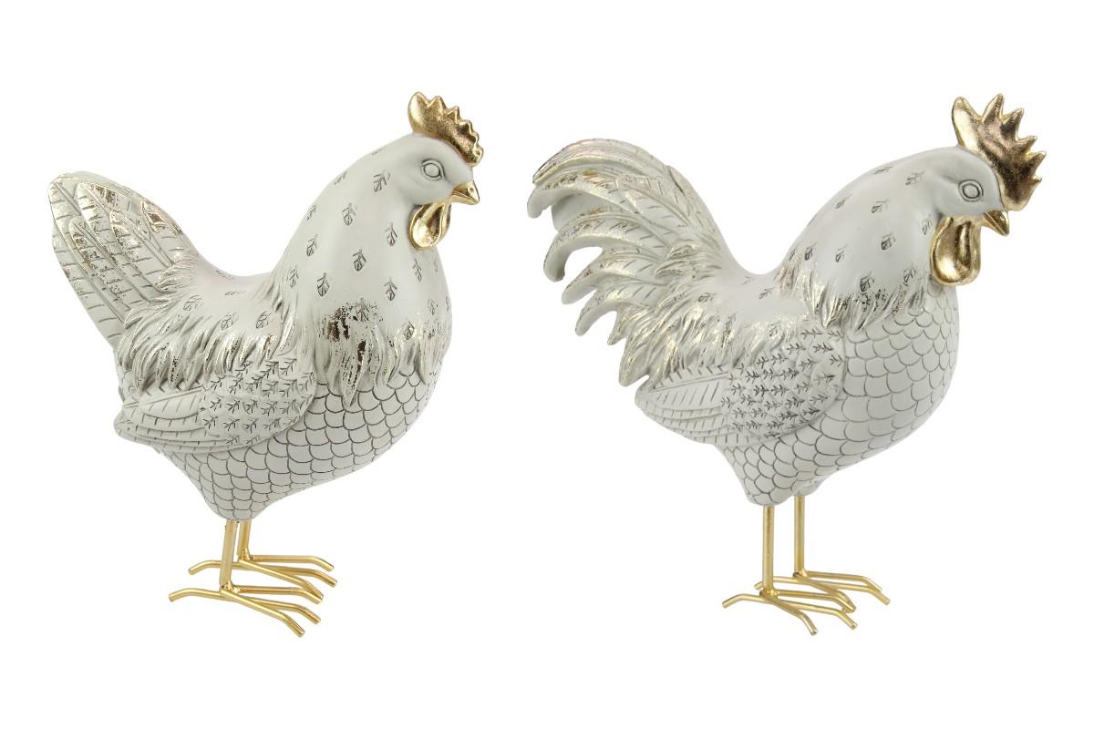 26cm Hen/Rooster in Gold & White Finish 2 Asstd