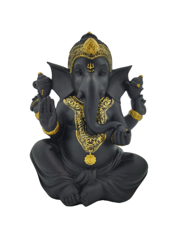 20cm Sitting Ganesh in Black/Gold Finish