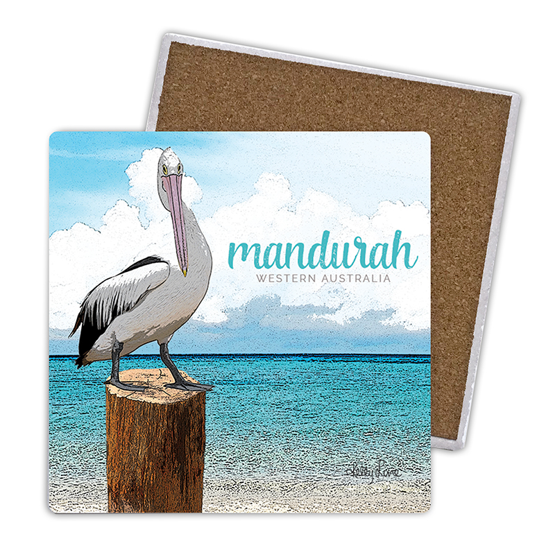 Set of 4 Ceramic Square Coaster 10x10cm (Gift Box) Pelican on Log by Kelly Lane