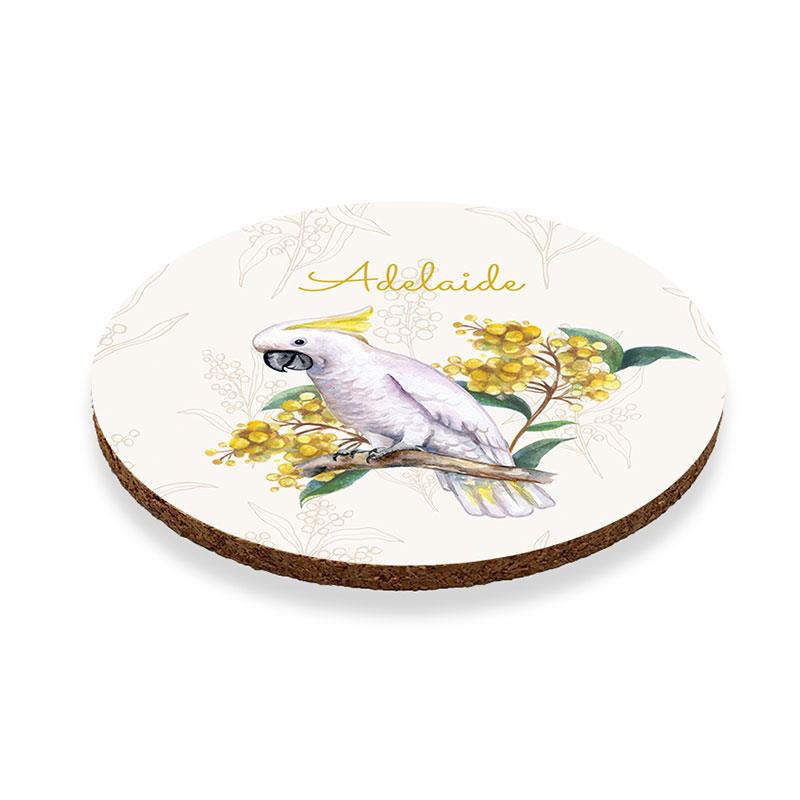 Set of 6 10cm Round Cork Coaster Cockatoo