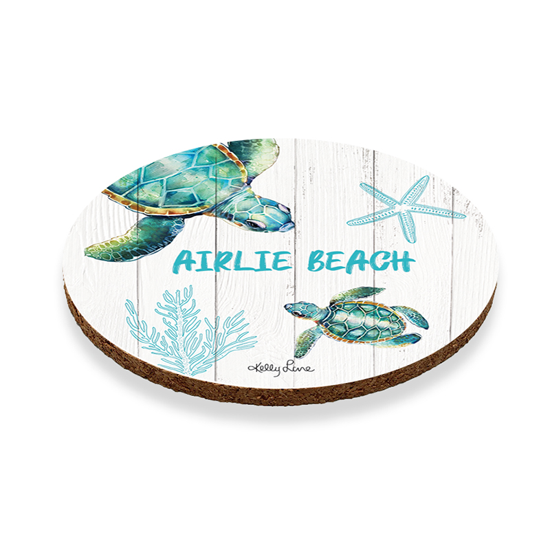 Set of 6 10cm Round Cork Coaster Starfish Turtle by Kelly Lane